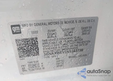 2022 Chevrolet Equinox Awd Rs z USA, uszkodzony, nr VIN 3GNAXWEV1NS163738